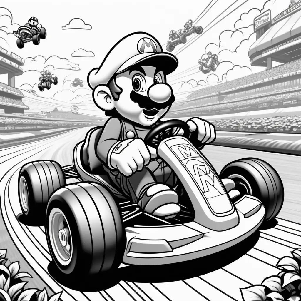 black and white Mario Kart coloring page with a cartoon character