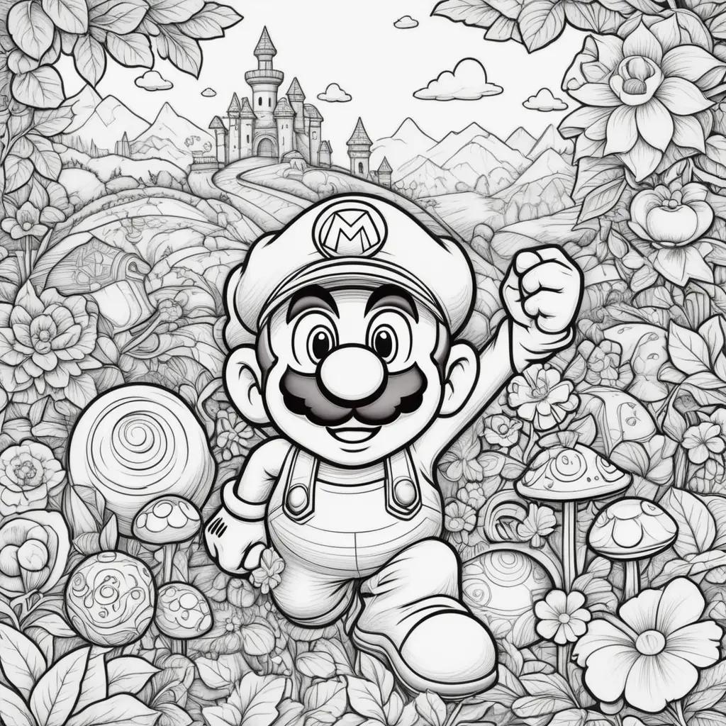 black and white Mario coloring page with flowers