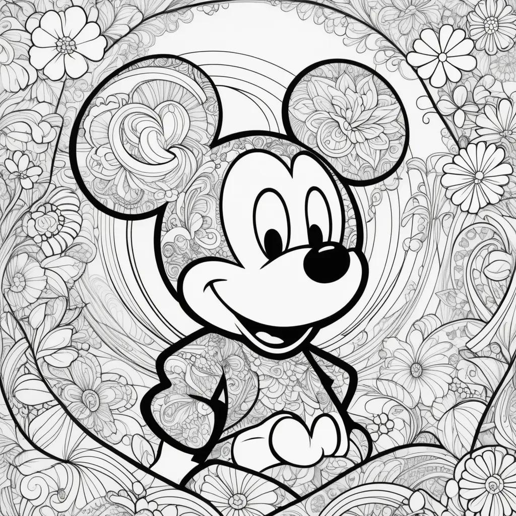 black and white Mickey Mouse coloring page with a floral background