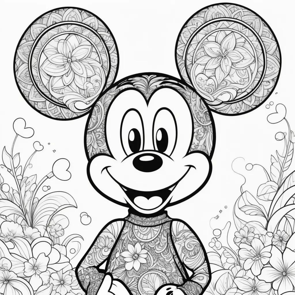 black and white Mickey Mouse coloring page with flowers