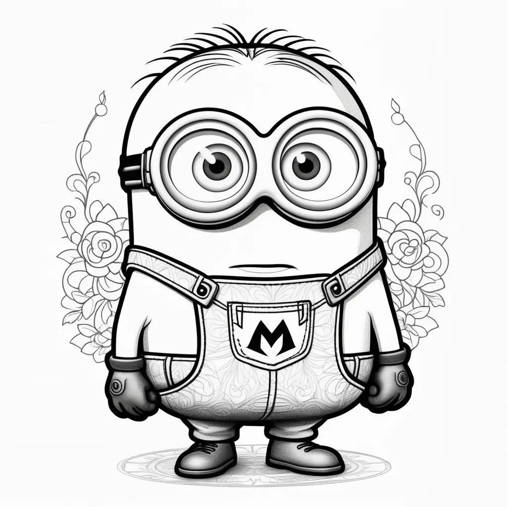 black and white Minion coloring page with a M on the front