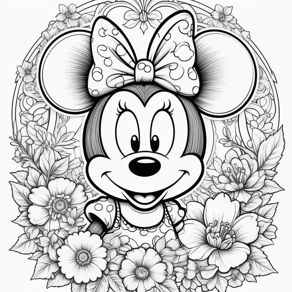 black and white Minnie Mouse coloring page with flowers