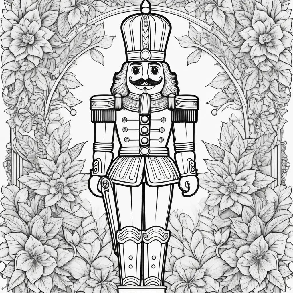 black and white Nutcracker coloring page with flowers in the background