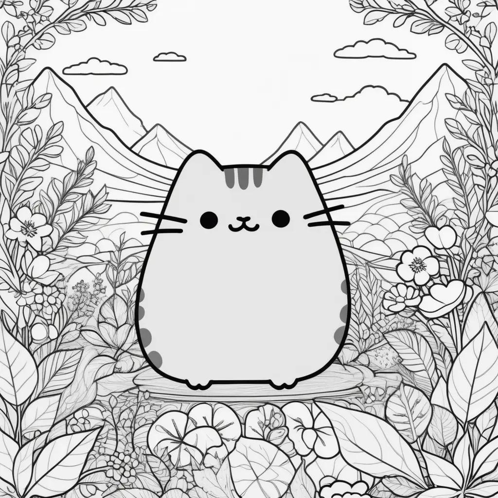 black and white Pusheen cat coloring page with flowers