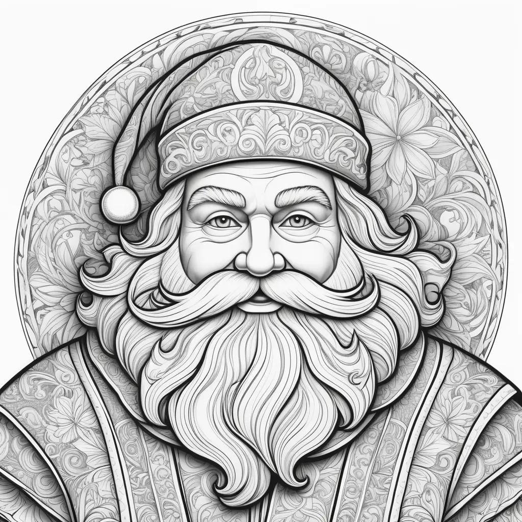 black and white Santa Claus coloring page with a beard