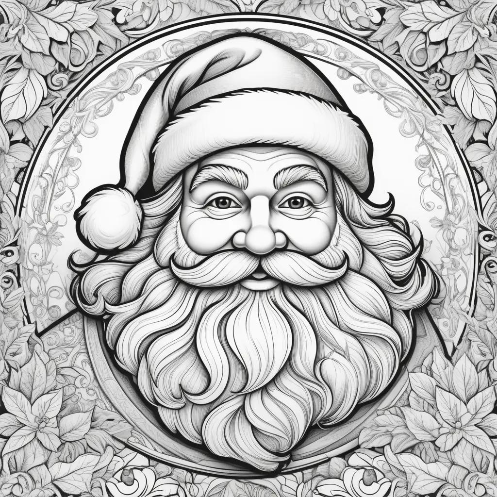 black and white Santa Claus coloring page with a beard and a hat