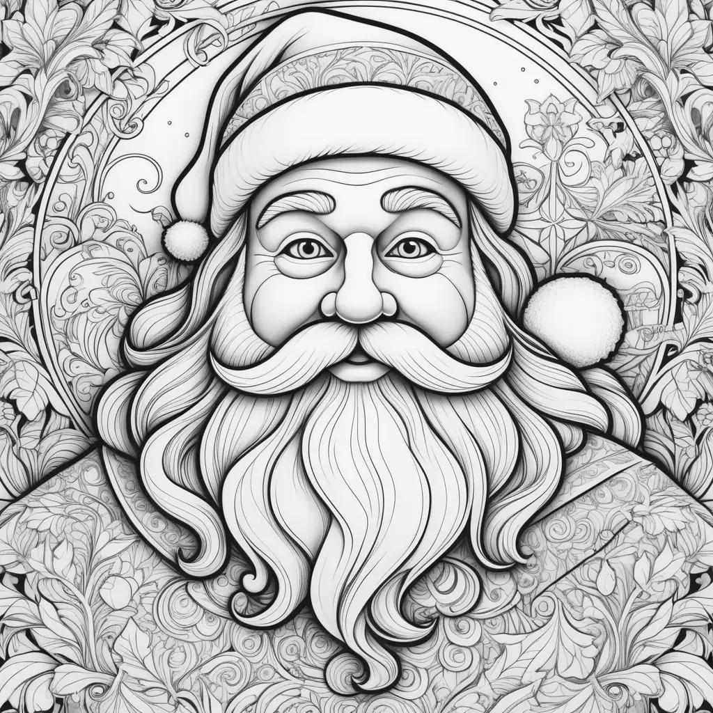 black and white Santa Claus coloring page with a beard and mustache