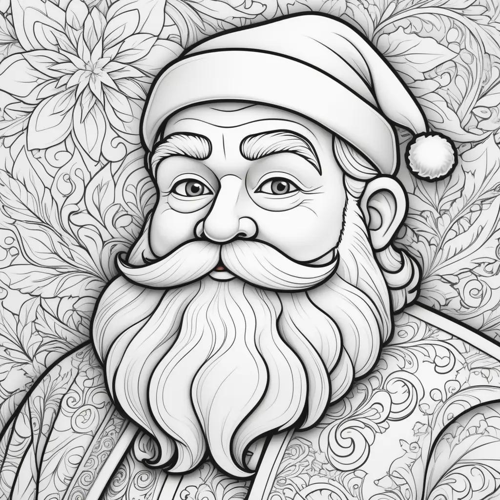 black and white Santa Claus coloring page with a beard