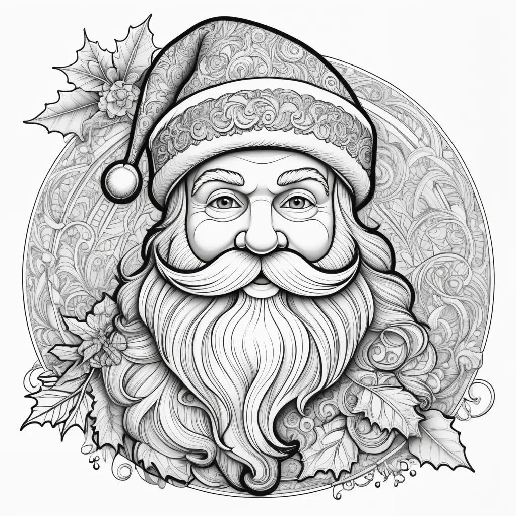 black and white Santa coloring page with leaves and holly