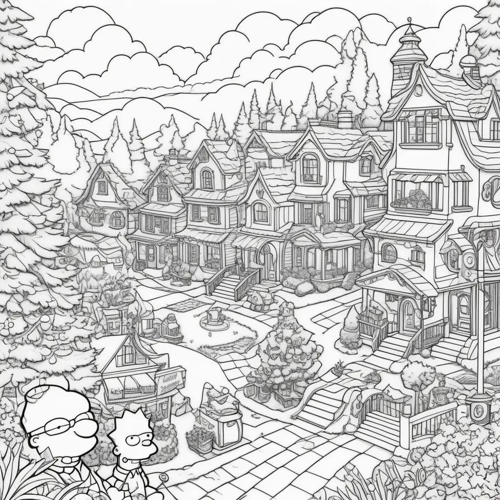 black and white Simpsons coloring page with houses and trees