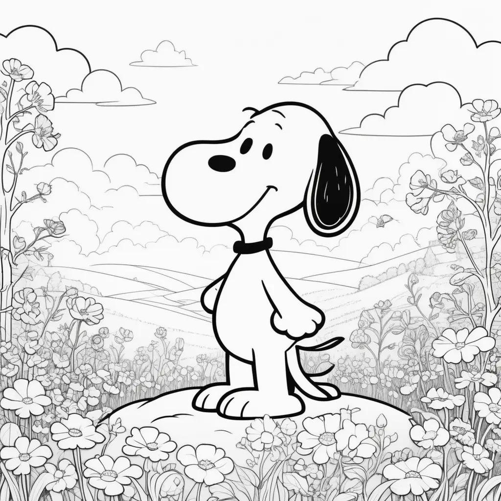 black and white Snoopy coloring page in a flower garden