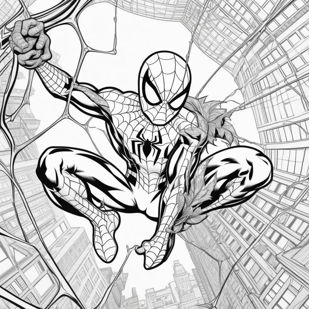 black and white Spider-Man coloring page with buildings in the background