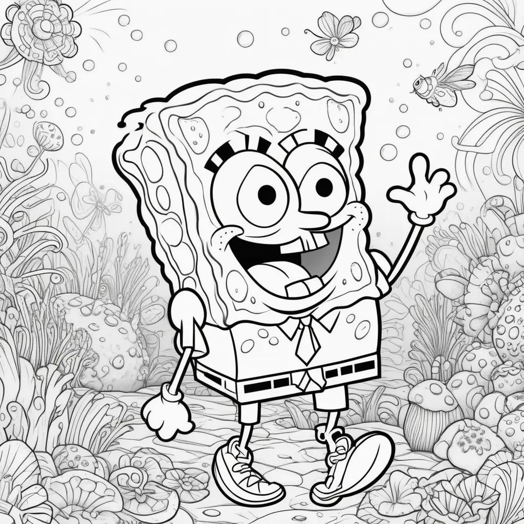 black and white Spongebob coloring page featuring a smile