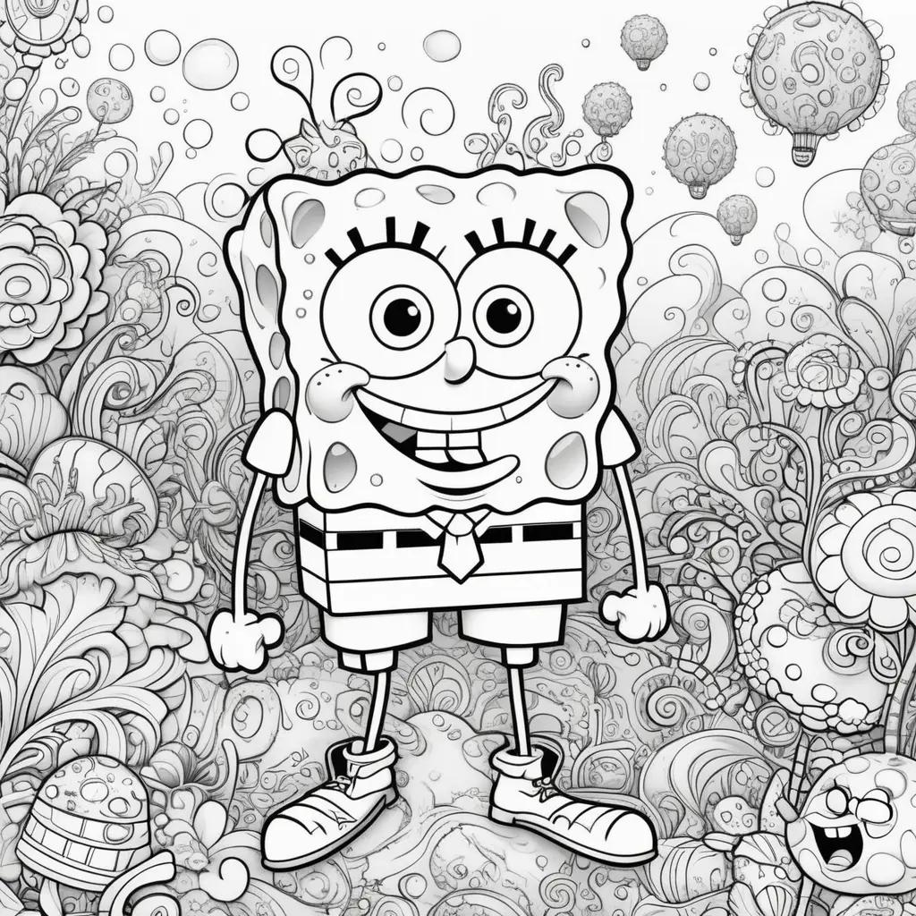 black and white Spongebob coloring page with a smile