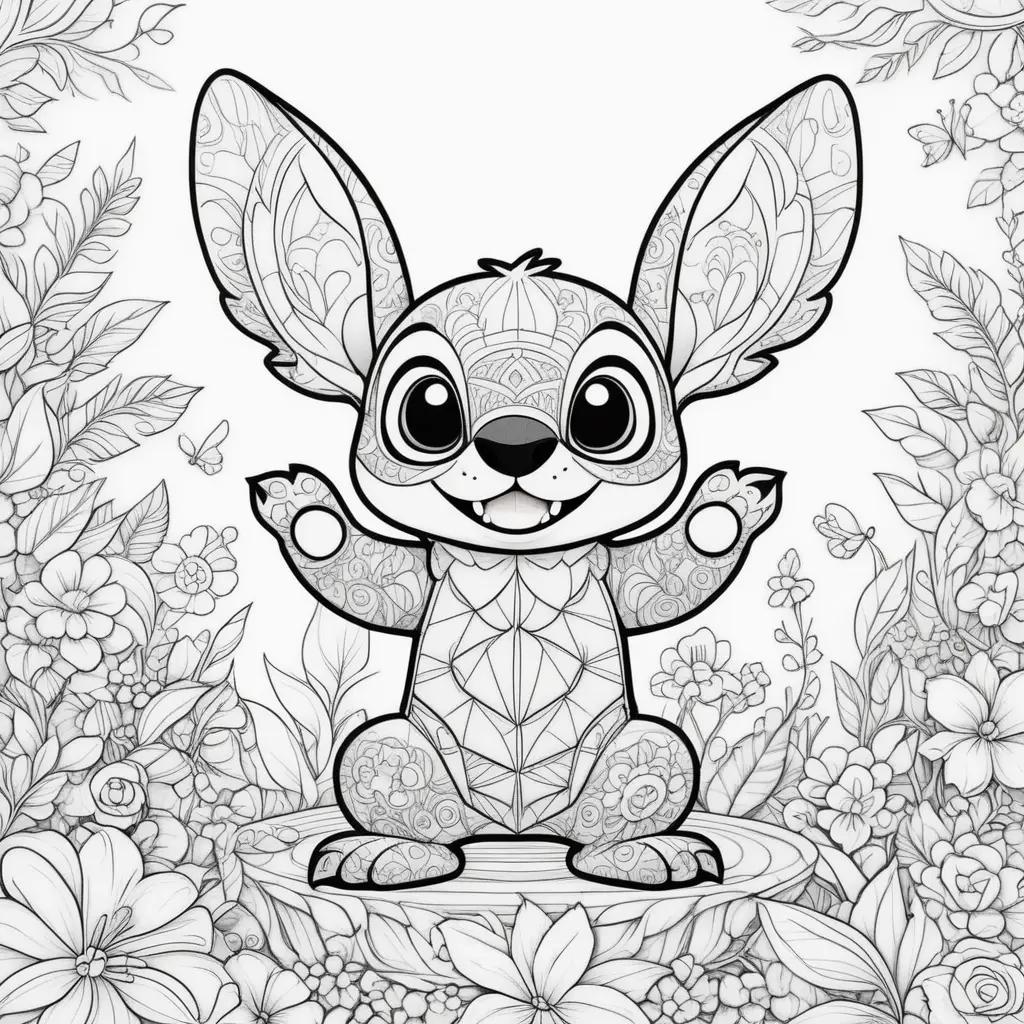 black and white Stitch coloring page with flowers and butterflies