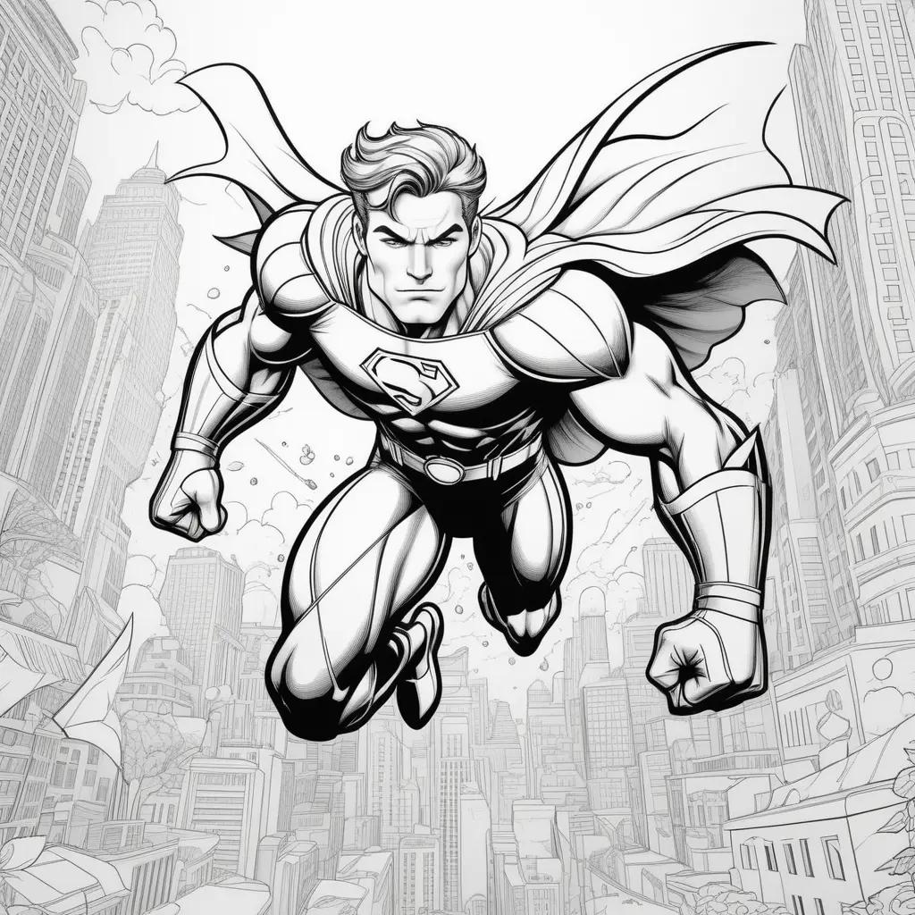 black and white Superman coloring page with buildings in the background