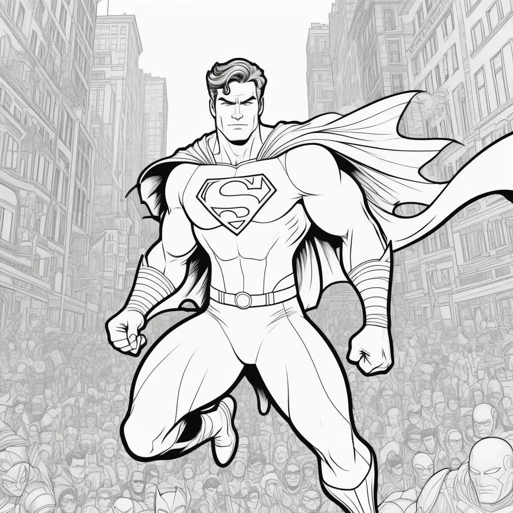 black and white Superman coloring page with people in the background