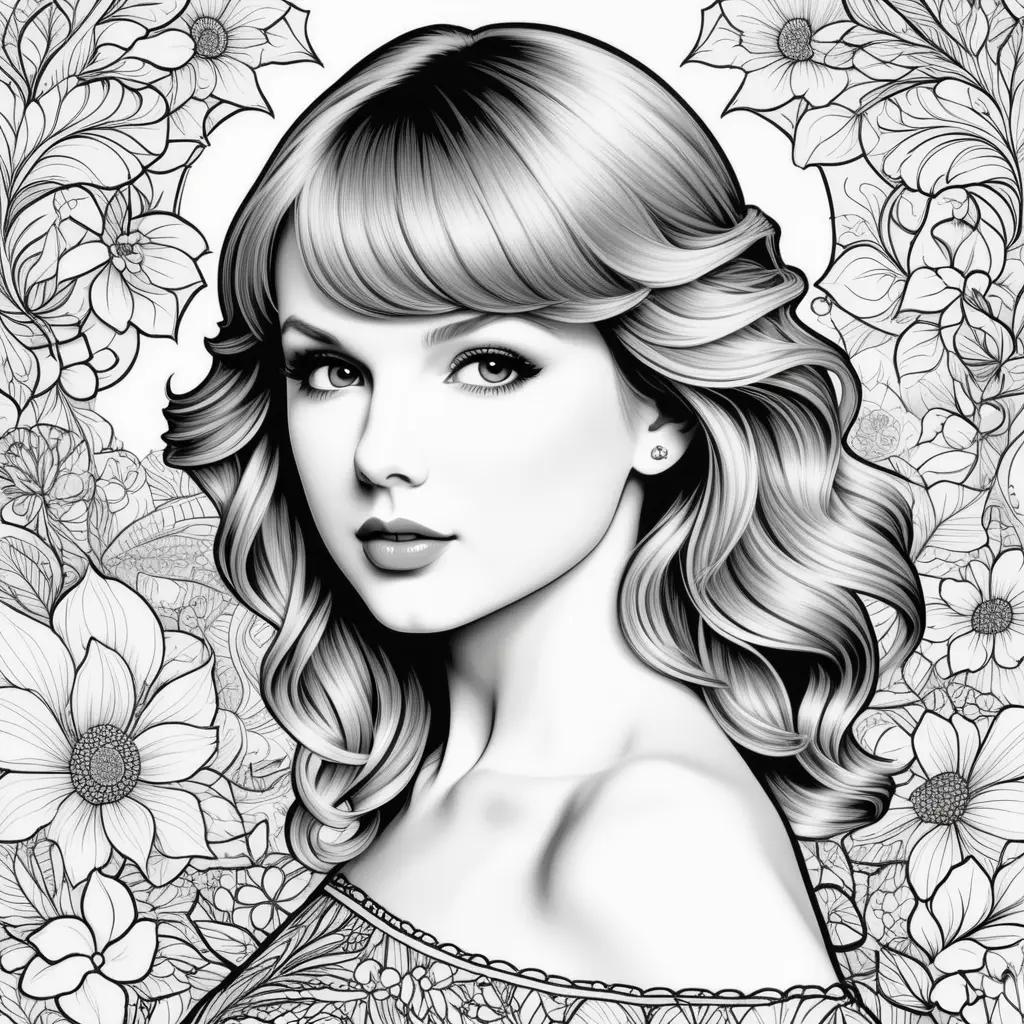 black and white Taylor Swift coloring page with flowers