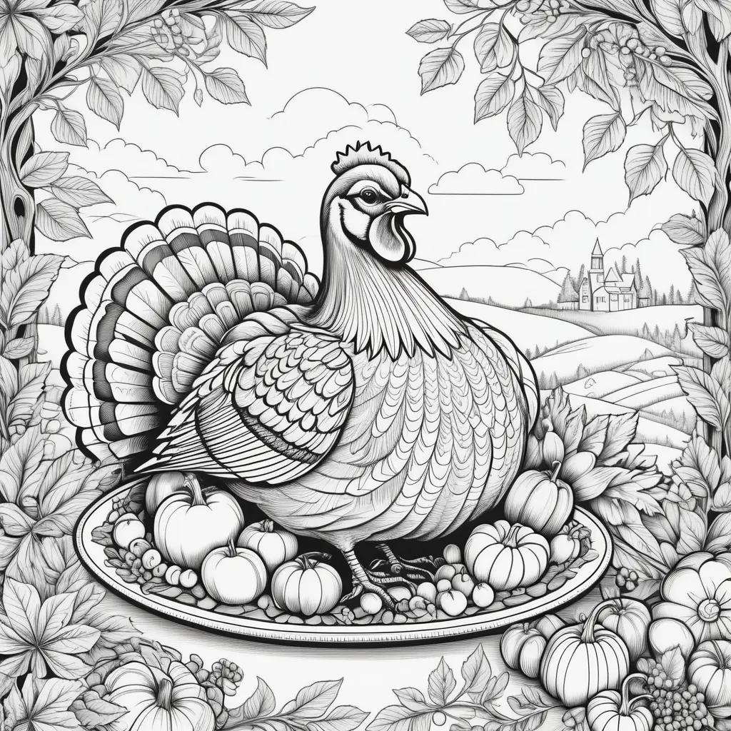 black and white Thanksgiving coloring page with a turkey on a plate