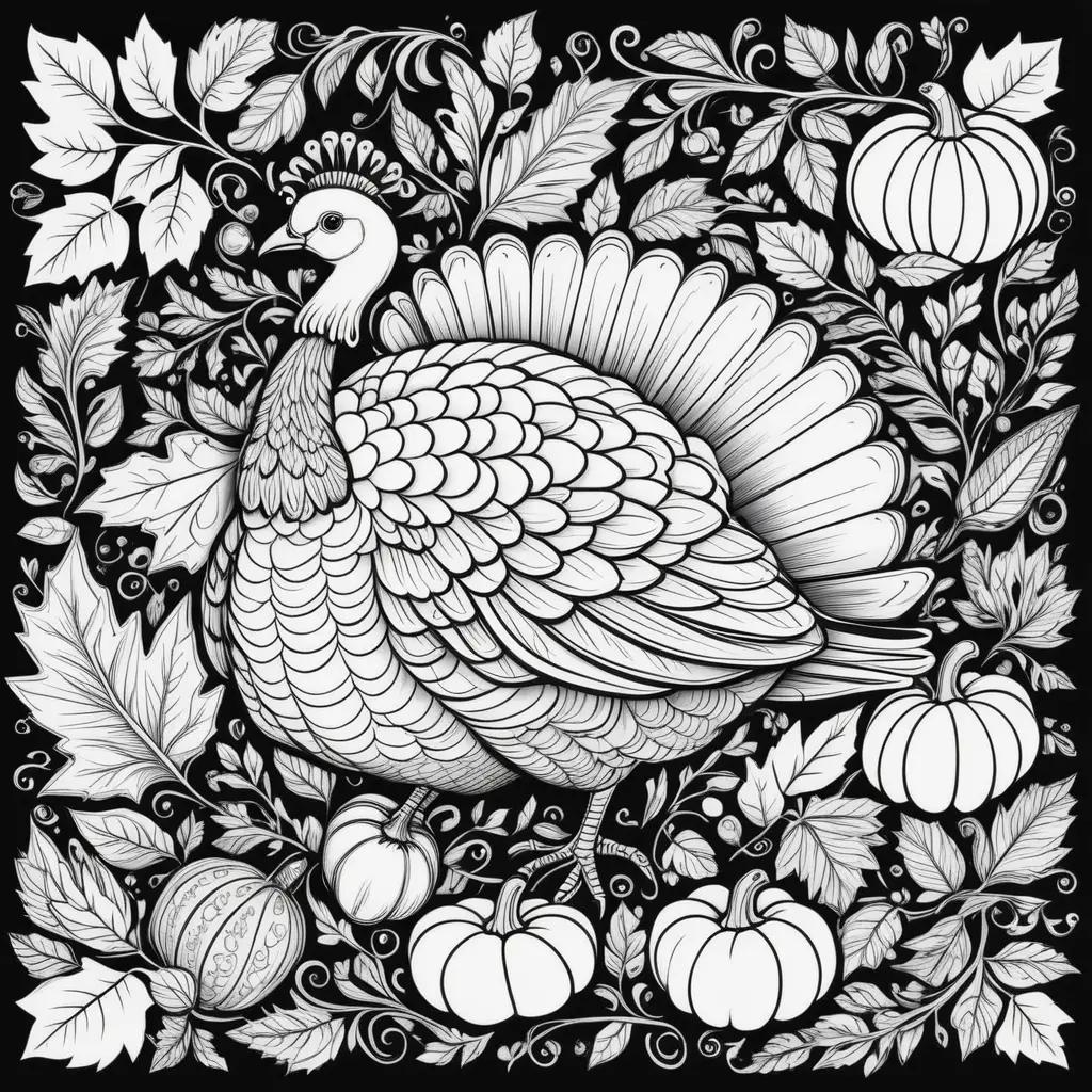 black and white Thanksgiving turkey and pumpkins