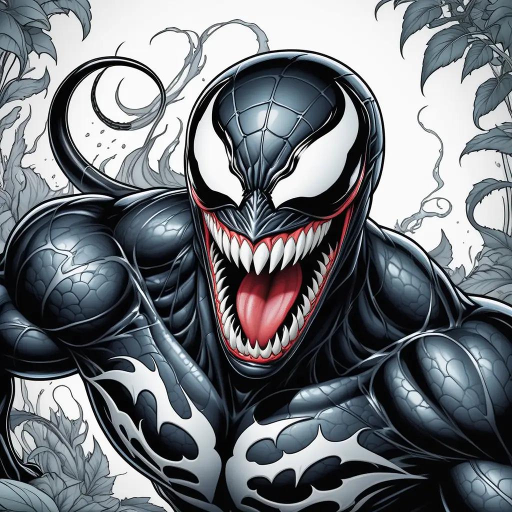 black and white Venom coloring page with a mouth open