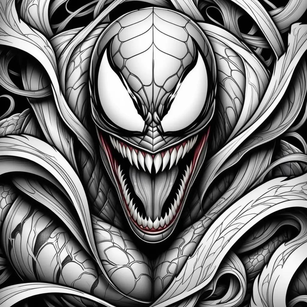 black and white Venom drawing with a mouth open