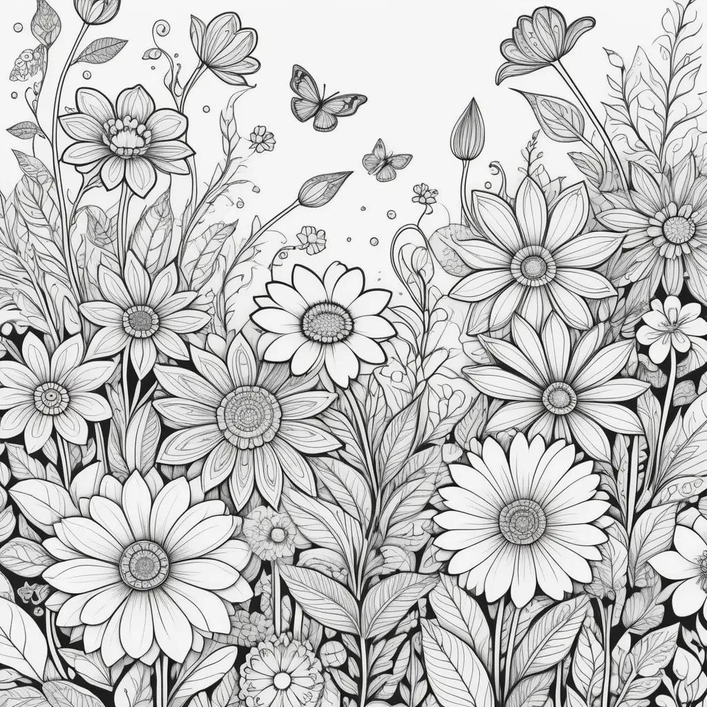花と蝶と黒と白の大人の塗り絵ページ