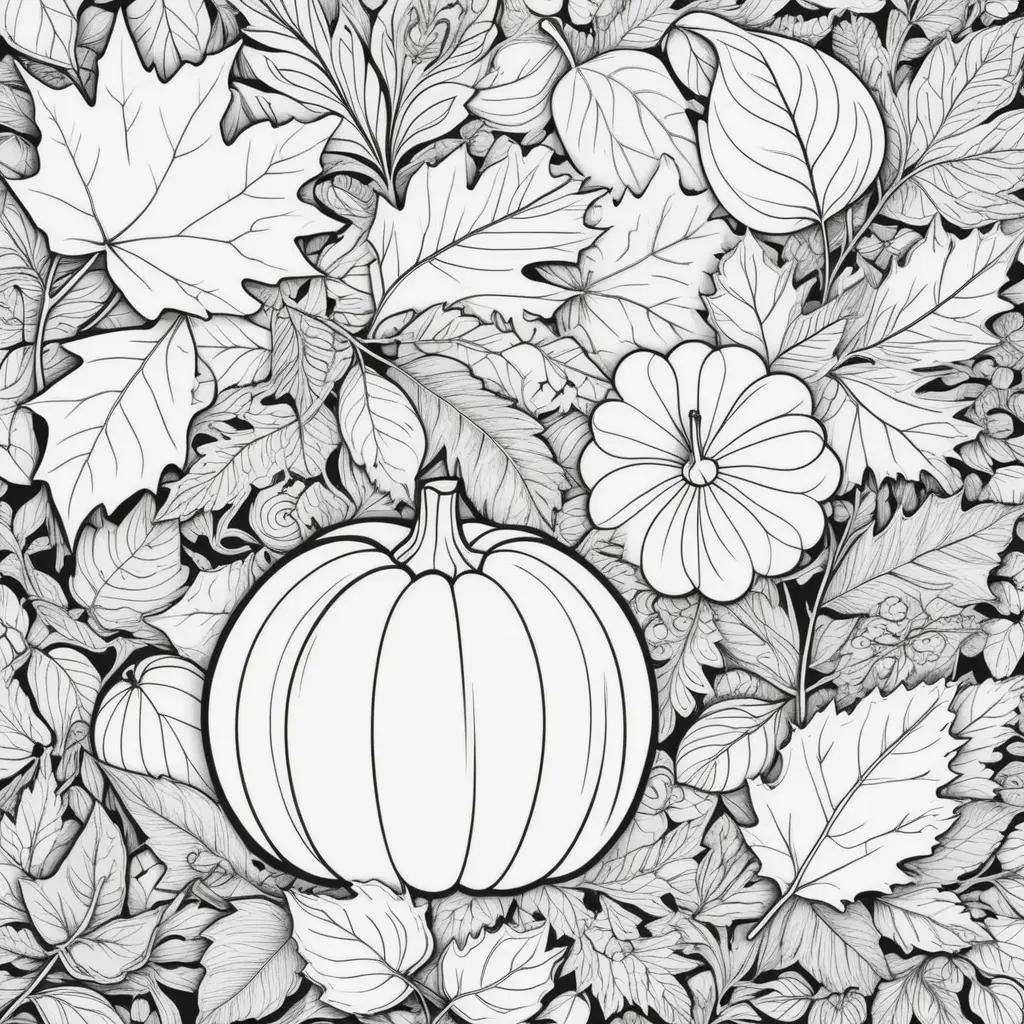 black and white adult coloring page featuring pumpkins and leaves