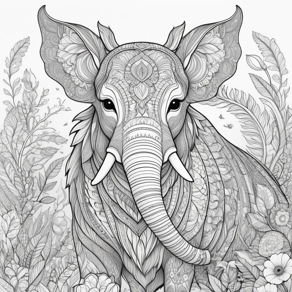 black and white adult coloring page of a elephant and flowers