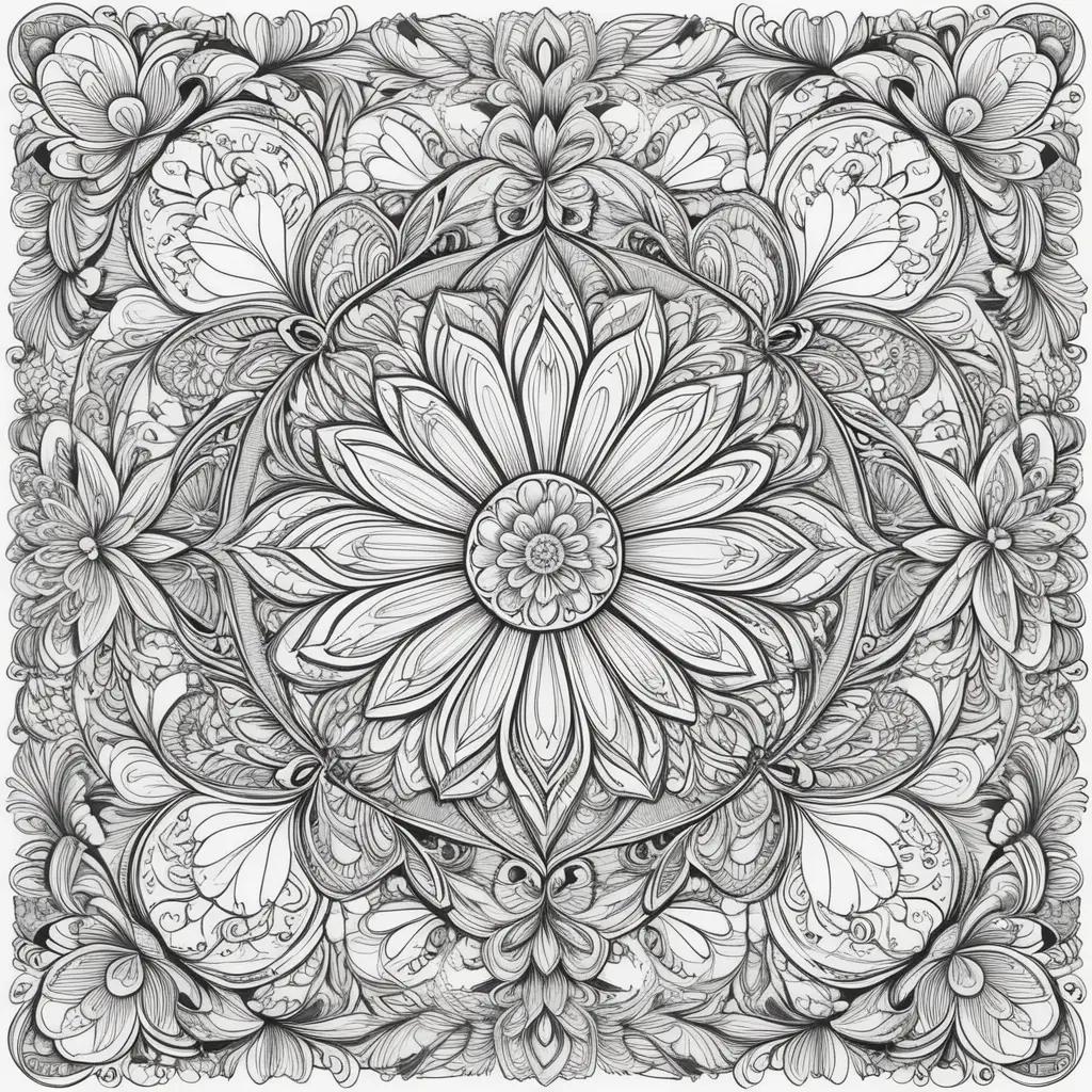 black and white adult coloring page with a flower design