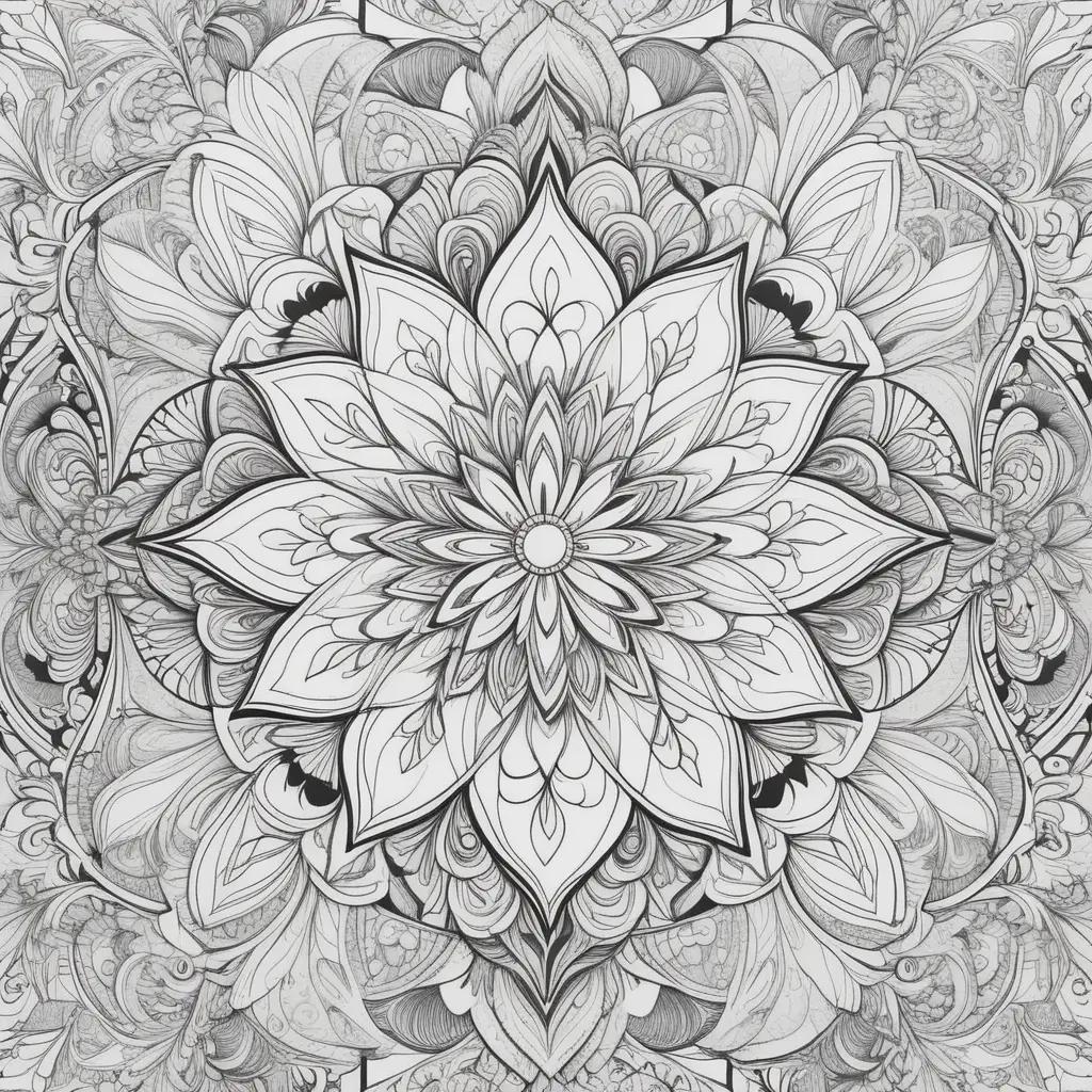 black and white adult coloring page with a flower design