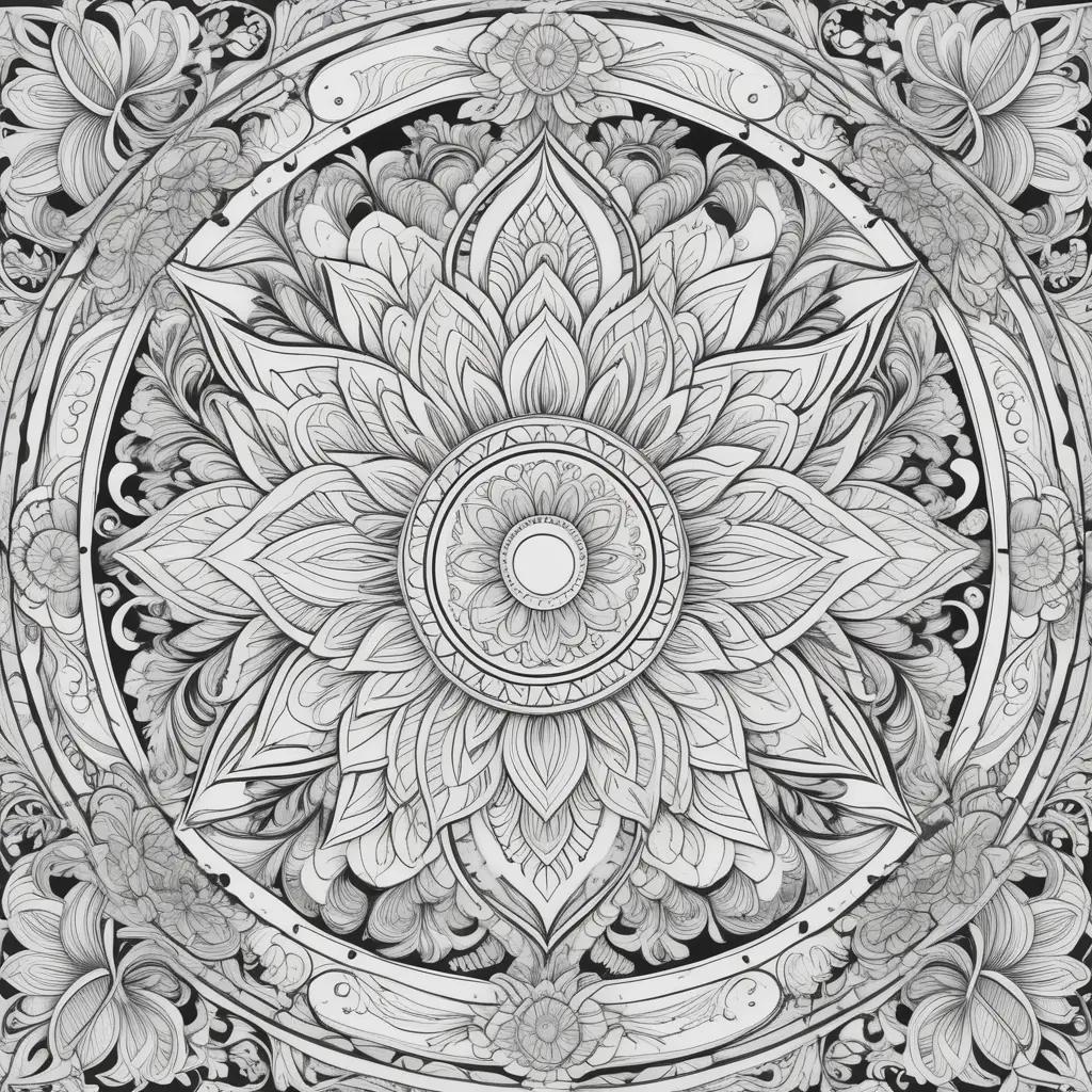 black and white adult coloring page with floral design