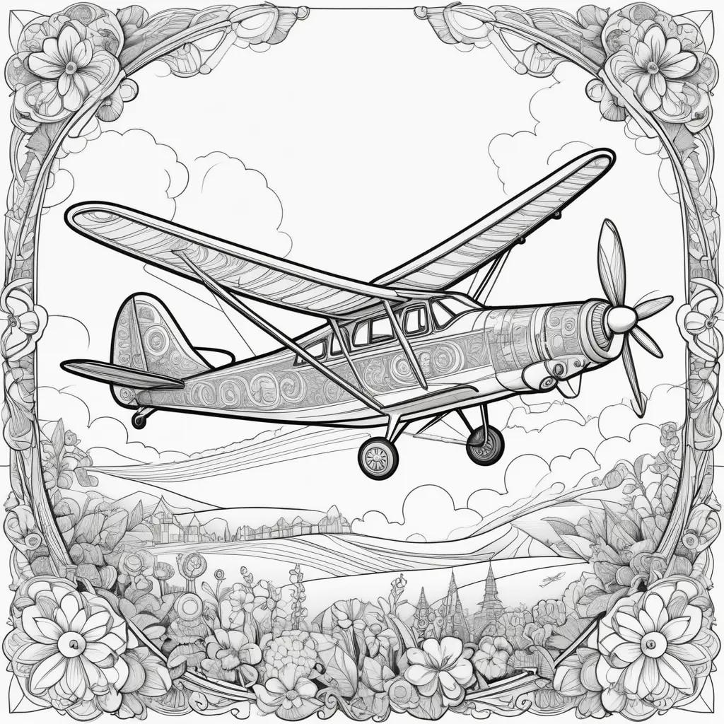 black and white airplane coloring page with flowers and clouds