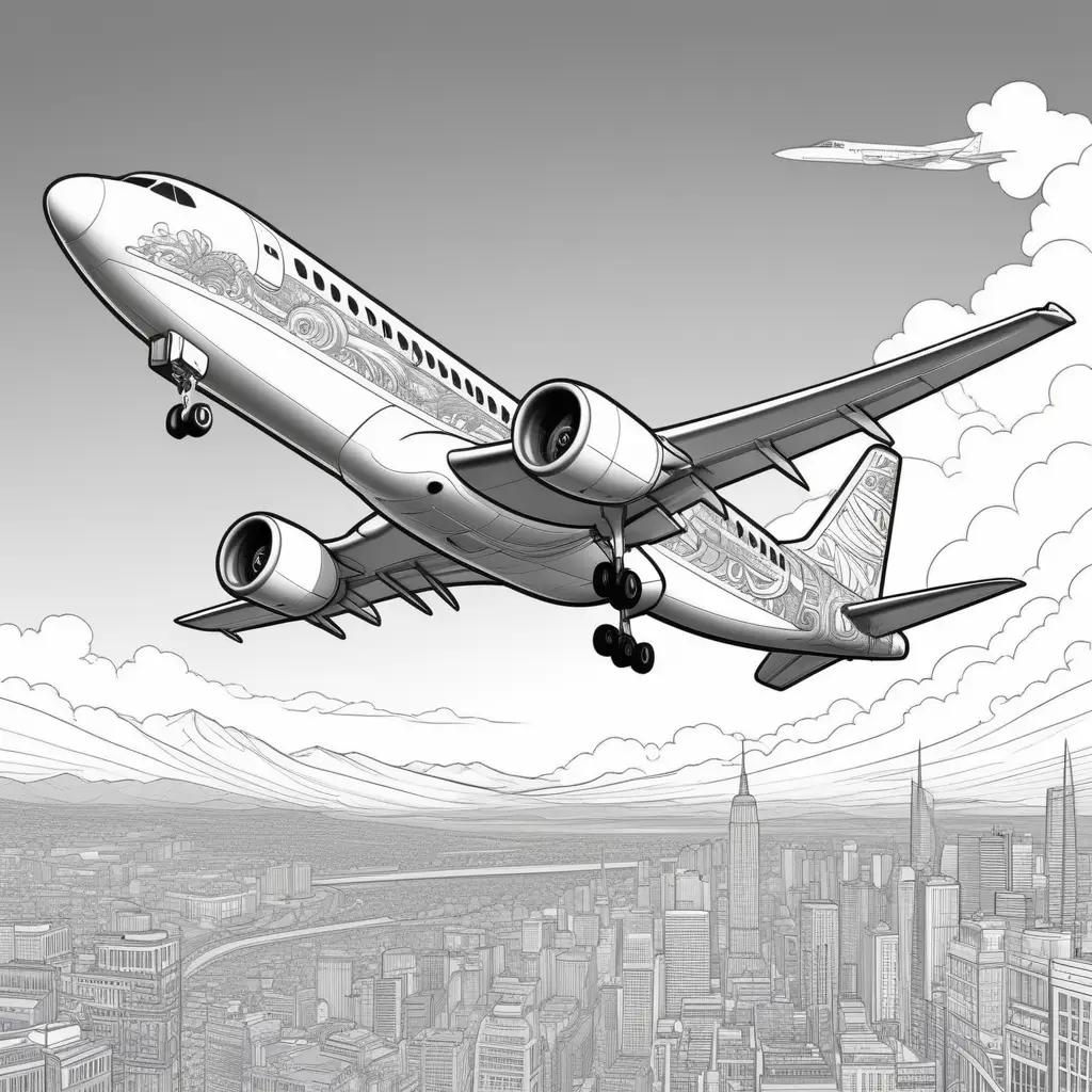 black and white airplane flying through a city skyline