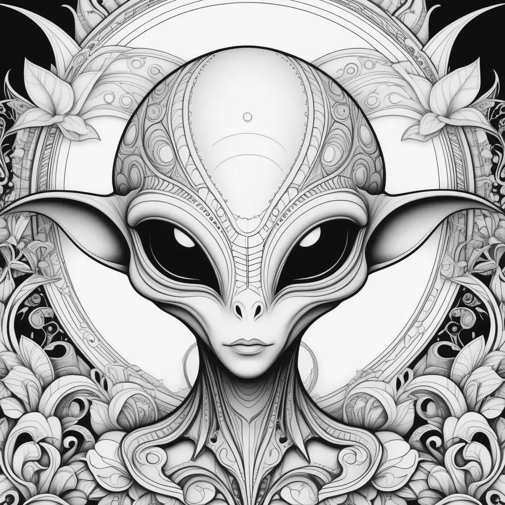 black and white alien coloring page with a face