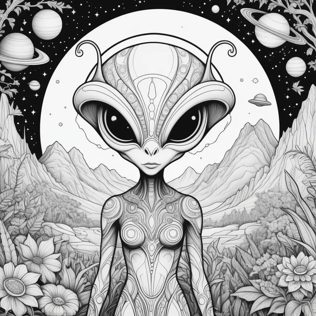 black and white alien coloring page with a flower and moon