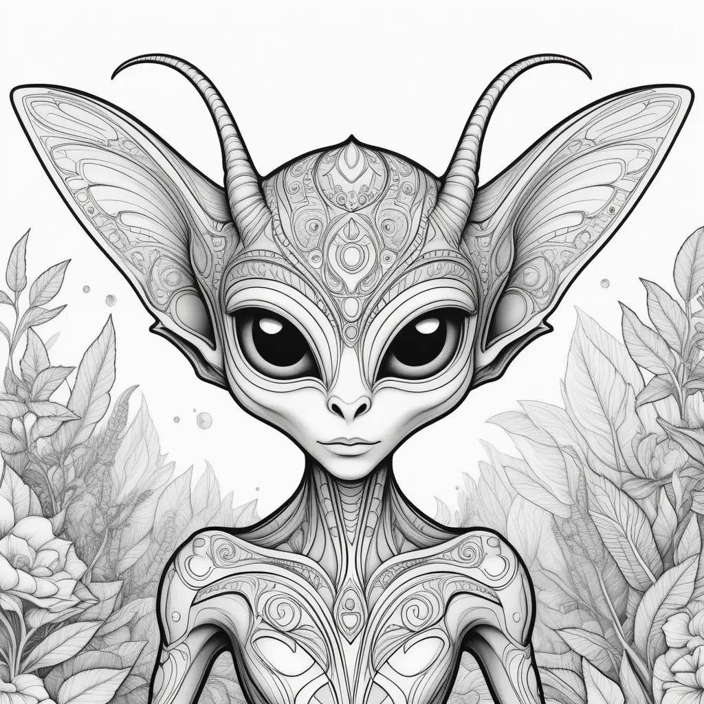 black and white alien coloring page with a flower background