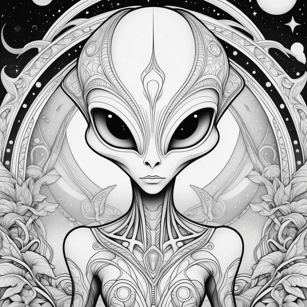 black and white alien coloring page with a starry sky