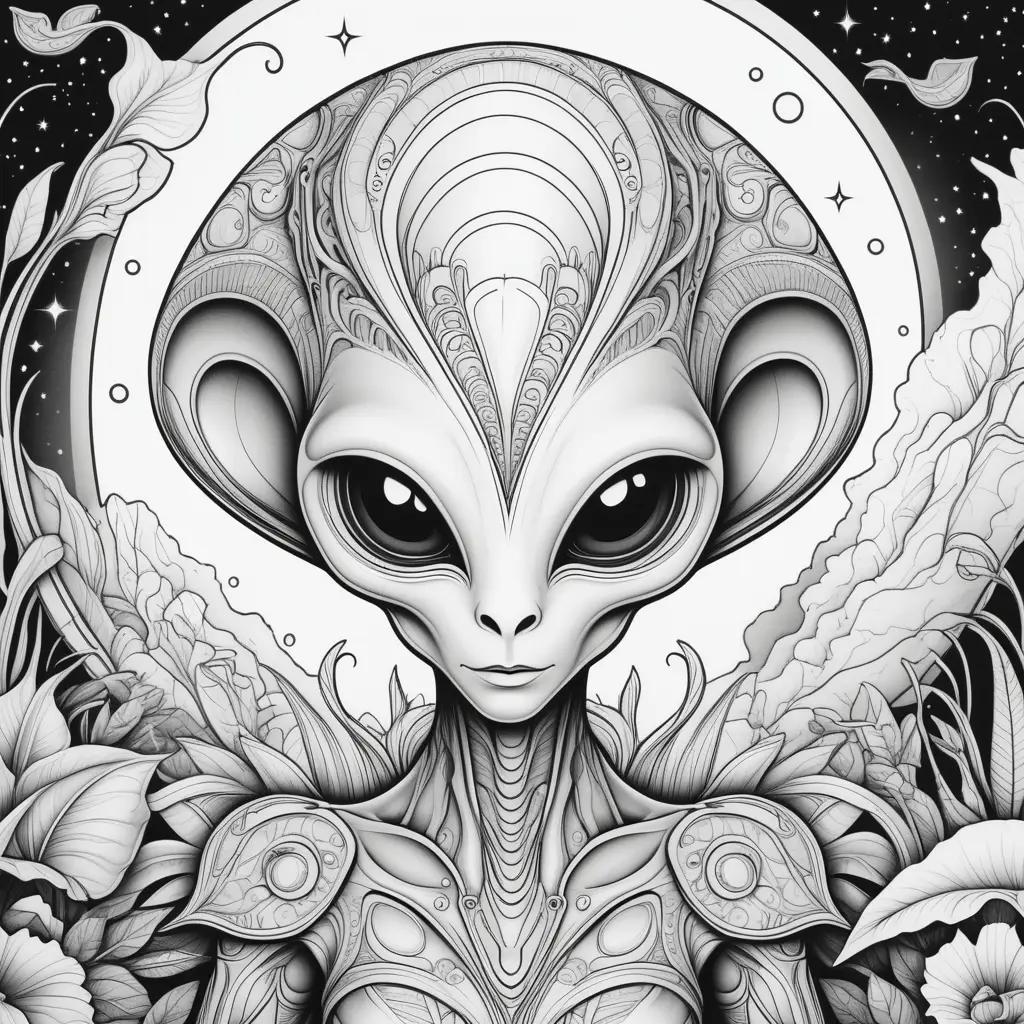 black and white alien coloring page with a starry sky background