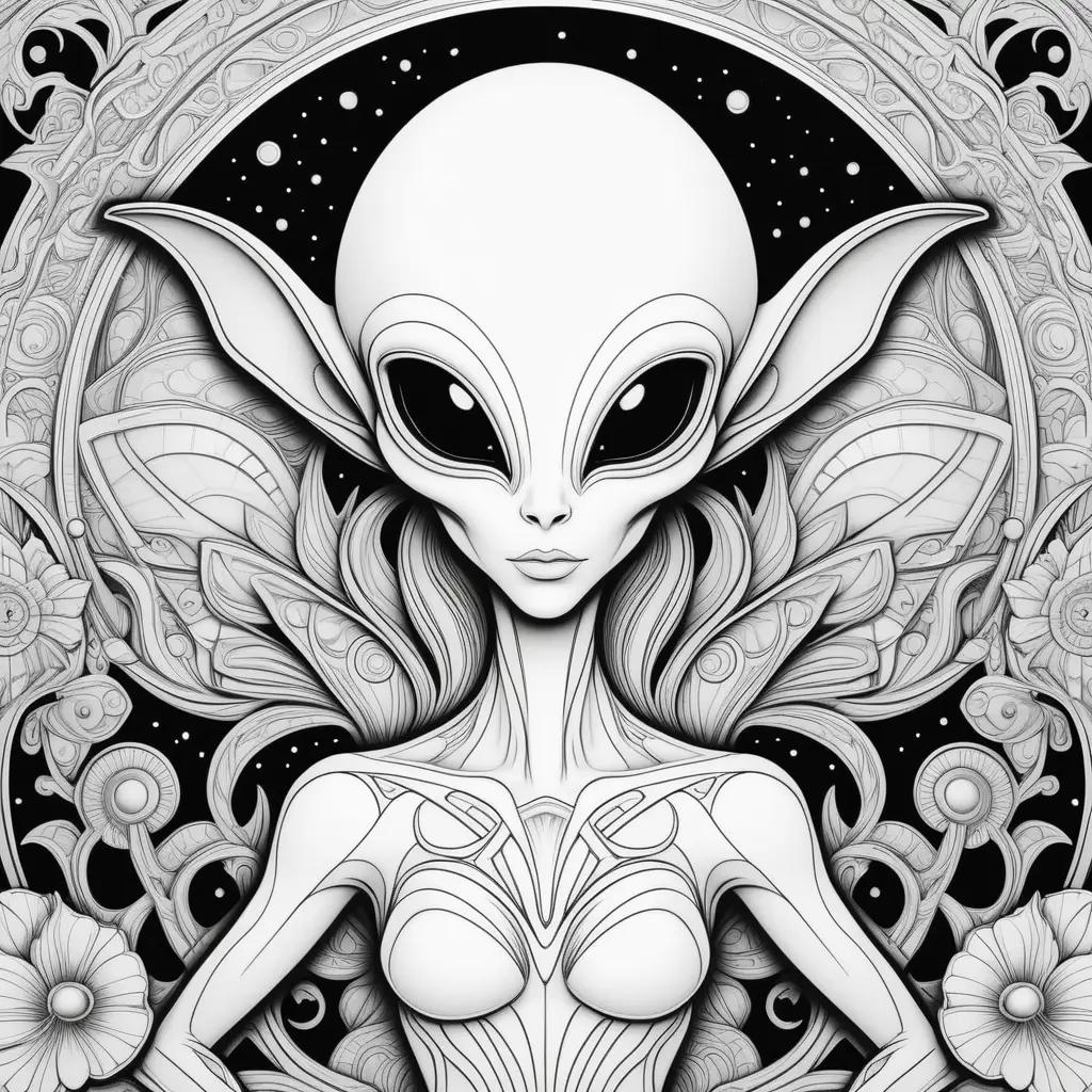 black and white alien coloring page with flowers