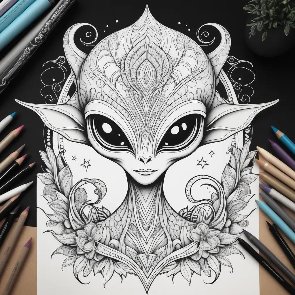 black and white alien coloring page with stars and flowers