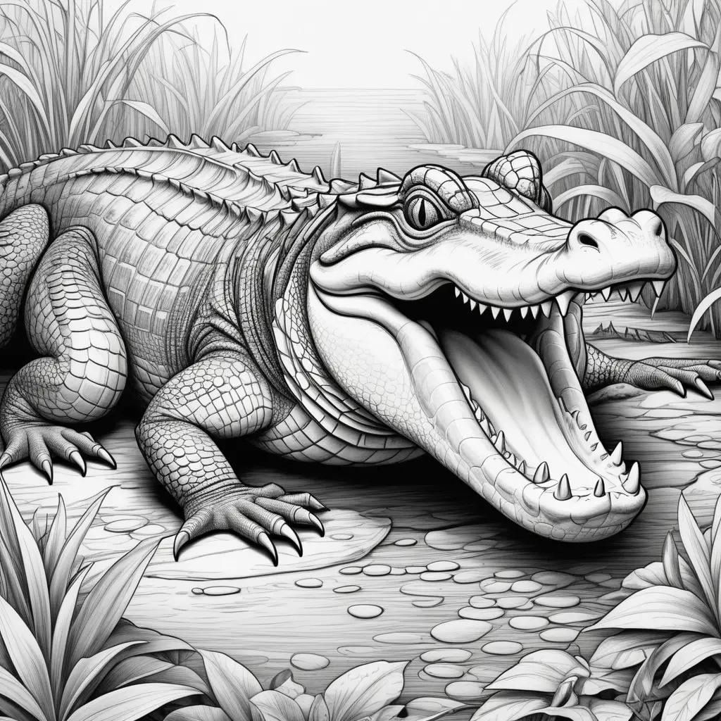 black and white alligator coloring page in the jungle