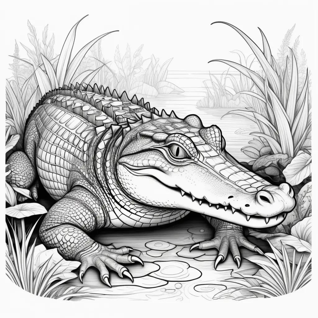 black and white alligator coloring page with a body of water