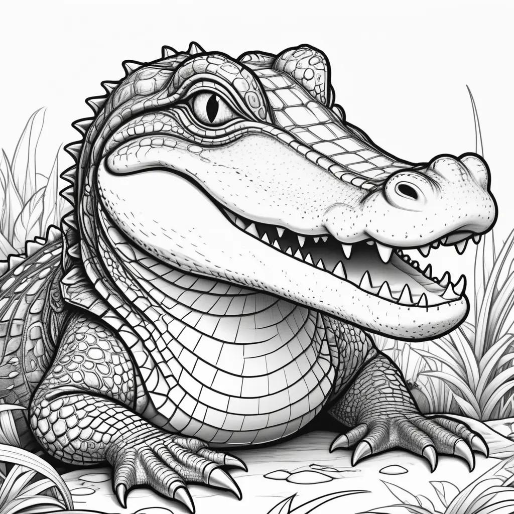 black and white alligator coloring page with a smile