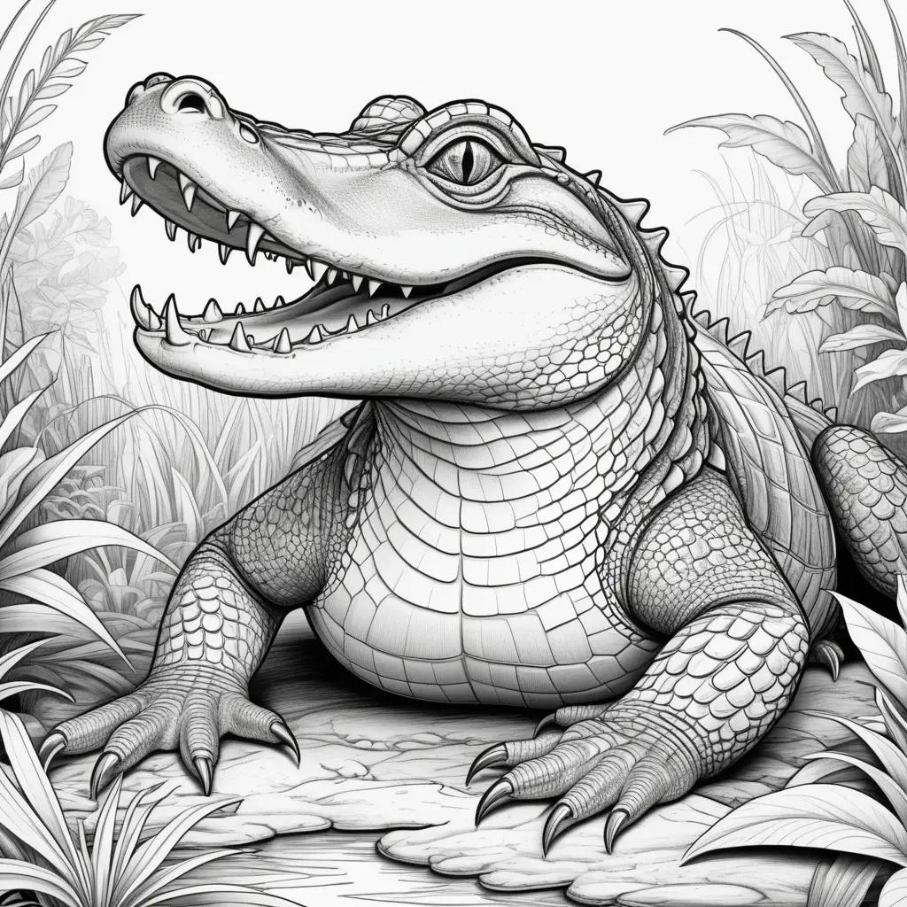 black and white alligator coloring page with a smile