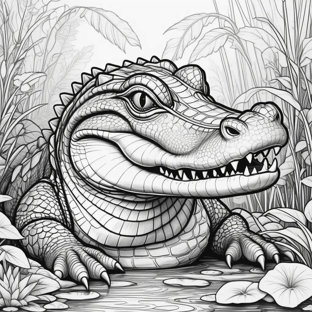 black and white alligator coloring page with lily pads