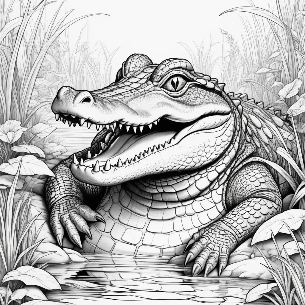 black and white alligator in a water color page