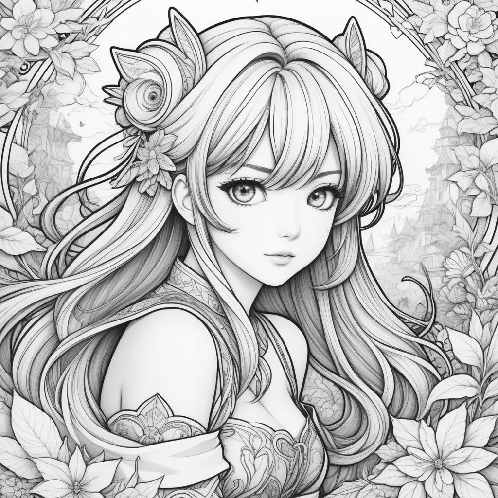 black and white anime coloring page of a girl with flowers