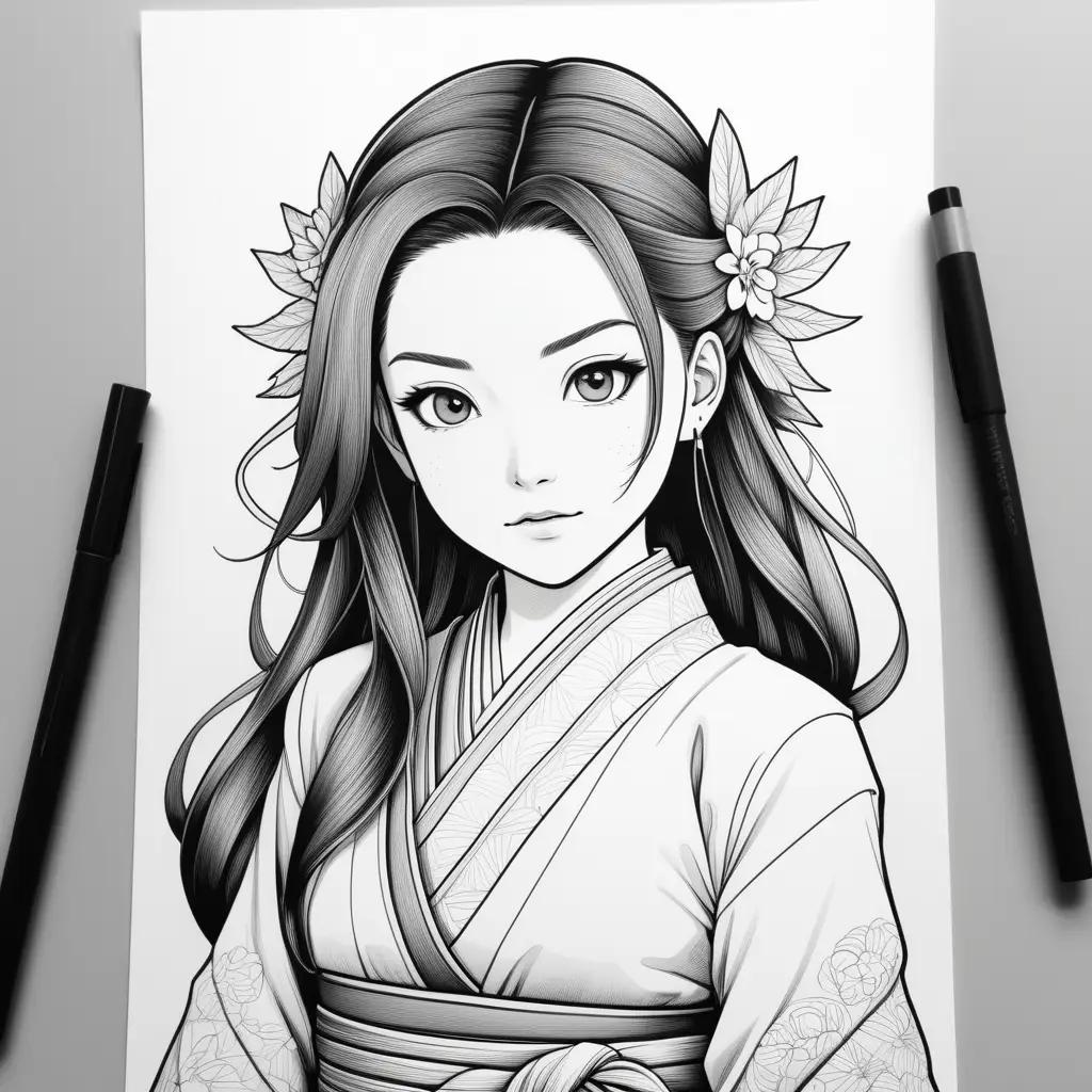 black and white anime girl on a coloring page