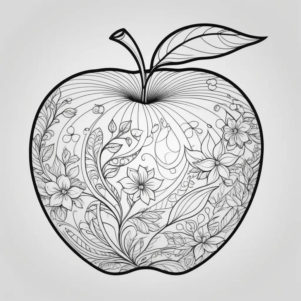 black and white apple coloring page featuring flowers and leaves